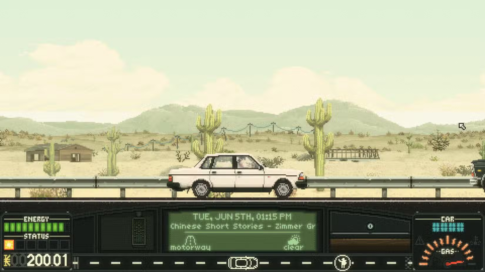 a car driving on a desert highway