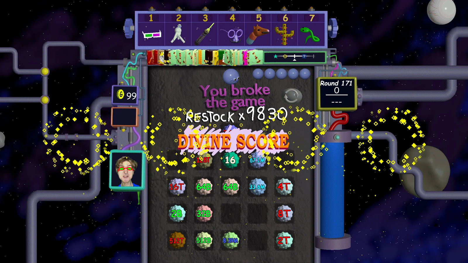 a plinko roguelike that reads "You broke the game"