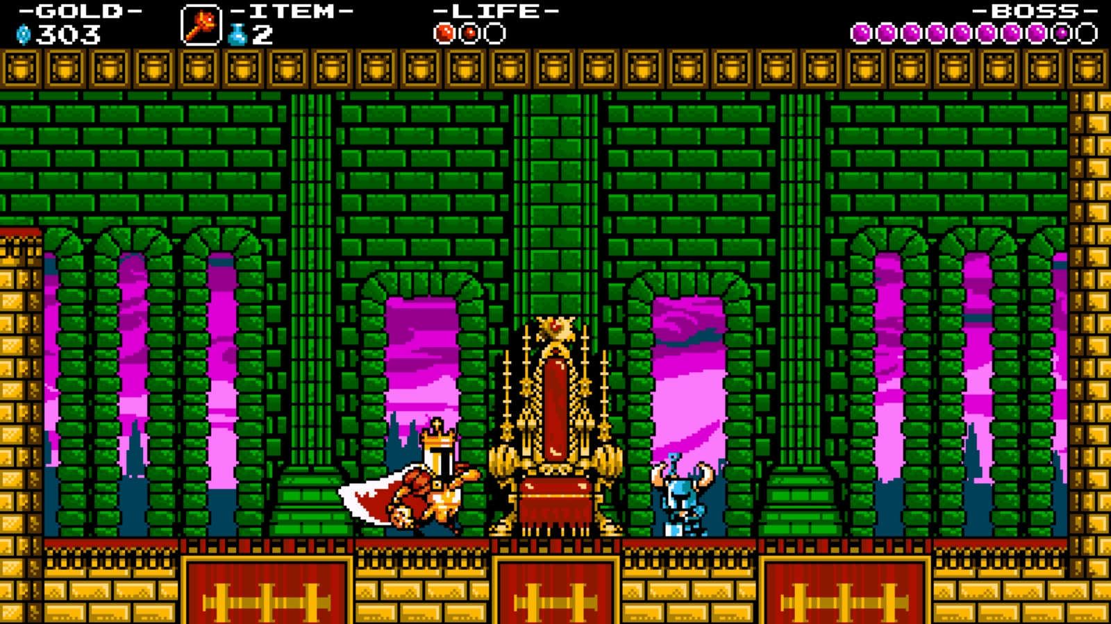 two knights standing off in a pixel art castle