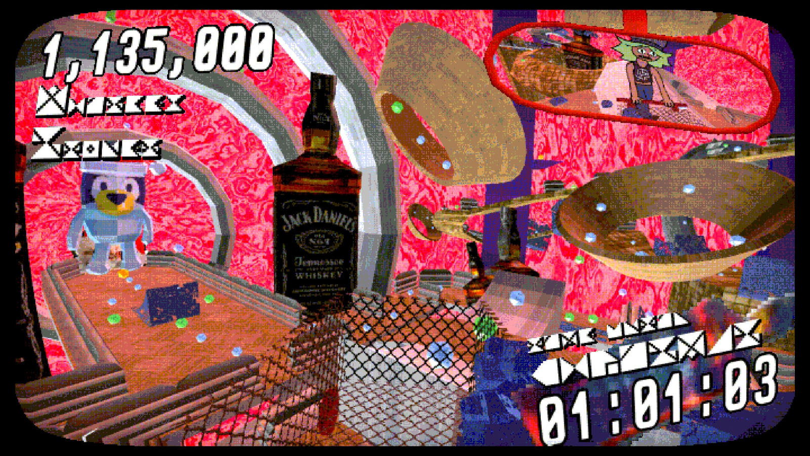 first-person view of pushing a shopping cart through a psychedelic level with a Jack Daniels bottle and Bluey