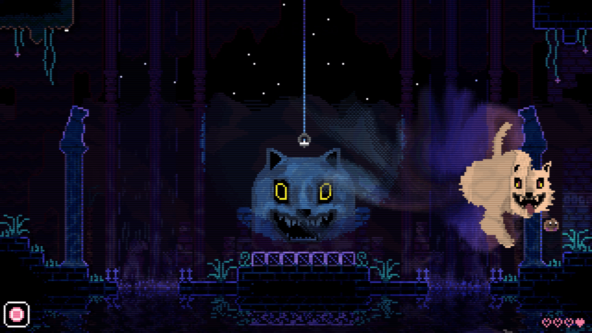 a dog chases a character in a damp, overgrown well